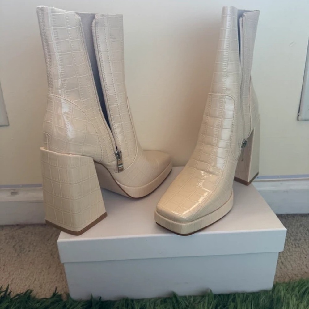 Croc-Embossed Cream Block Heel Ankle Boots with Side Zip